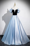 Off The Shoulder Satin Bow Blue A Line Prom Dress