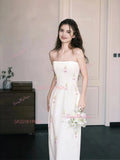 Print White Sheath Column Strapless Saitn Wedding Dress
