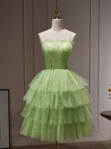 Short Green Tulle Beading Mini Homecoming Dress