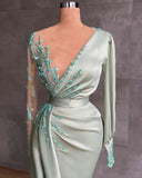 V Neck Long Sleeve Satin Trumpet Mermaid Green Prom Dress