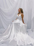White Satin A Line Simple V Neck Wedding Dress