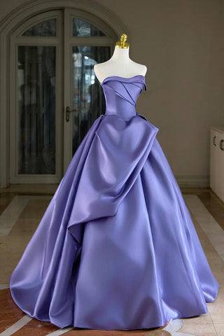 Strapless A Line Ruched Purple Satin Prom Dress