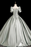 Satin A-Line Short Sleeve Gray Green Prom Dress