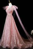 Tulle Sequins Pink Scoop A-Line Sparkle Prom Dress