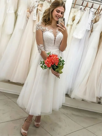 Long Sleeve Sheer Mesh A Line Short Wedding Dress