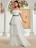 Layer Tulle Belt Lace Off The Shoulder Wedding Dress