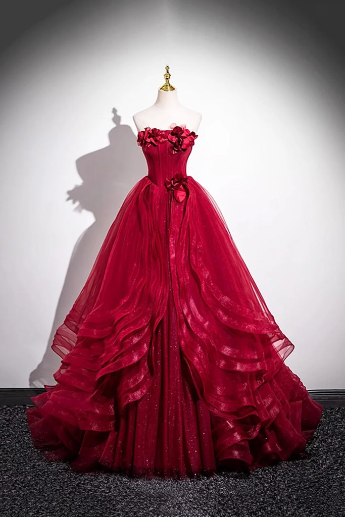 Strapless Layer Tulle Layer Flower Burgundy Prom Dress Sassymyprom Strapless Layer Tulle Layer Flower Burgundy Prom Dress Sassymyprom