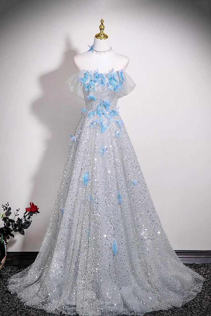 Sequins & Blue Butterfly A Line Silver Prom Dress Sassymyprom Sequins & Blue Butterfly A Line Silver Prom Dress Sassymyprom