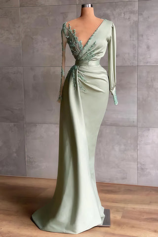 V Neck Long Sleeve Satin Trumpet Mermaid Green Prom Dress