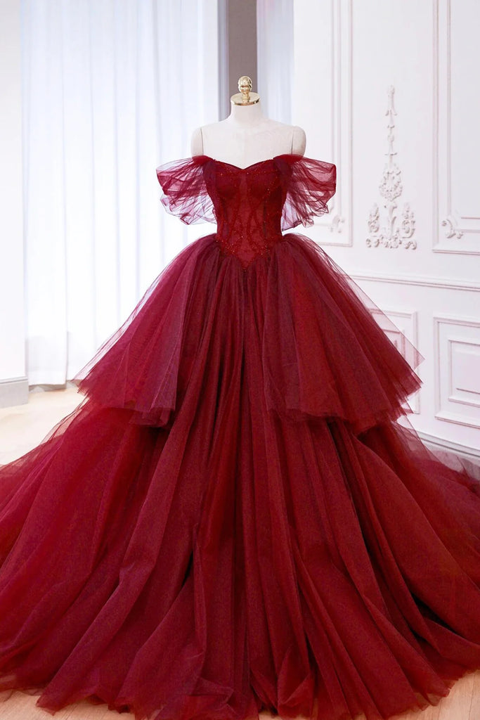 Tulle Beading Burgundy Ruffles Off The Shoulder Prom Dress Sassymyprom Tulle Beading Burgundy Ruffles Off The Shoulder Prom Dress Sassymyprom