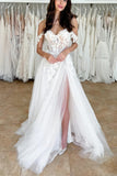 White Lace Off The Shoulder Wedding Dress With Slit