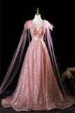 Tulle Sequins Pink Scoop A-Line Sparkle Prom Dress