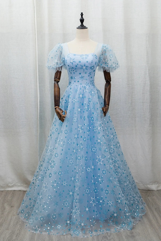 Sparkle Tulle A Line Short Sleeves Blue SnowFlake Prom Dress Sassymyprom Sparkle Tulle A Line Short Sleeves Blue SnowFlake Prom Dress Sassymyprom