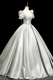 Satin A-Line Short Sleeve Gray Green Prom Dress