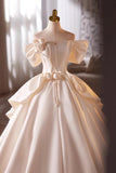 Off The Shoulder Satin Flower A Line White Wedding Dress