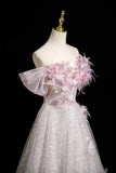 Floral Off The Shoulder Pink Tulle Sequins A Line Prom Dress