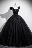 Black A Line Tulle Long Puffy Sleeves Prom Dress