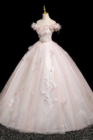 Pink Tulle Flower Off The Shoulder Appliques Prom Dress