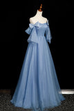Sweetheart Bow A Line Tulle Blue Prom Dress