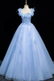 Long Floral Off The Shoulder Blue Tulle Lace Prom Dress