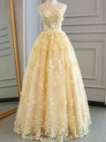 Sheer Appliques Lace A Line Yellow Prom Dress