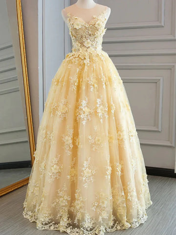 Sheer Appliques Lace A Line Yellow Prom Dress