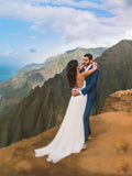Chiffon Slit A Line Straps Backless Beach Wedding Dress