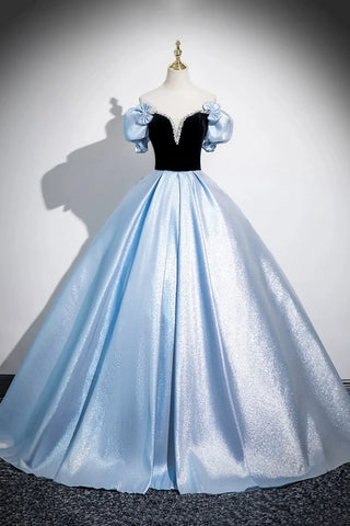 Off The Shoulder Satin Bow Blue A Line Prom Dress