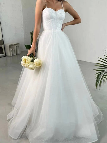 Sweetheart Neck White Shiny Tulle Wedding Dress