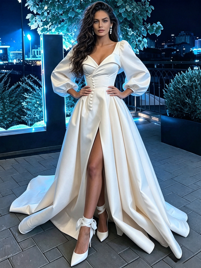 Long Sleeve Satin Button A Line Sweetheart Wedding Dress With Slit