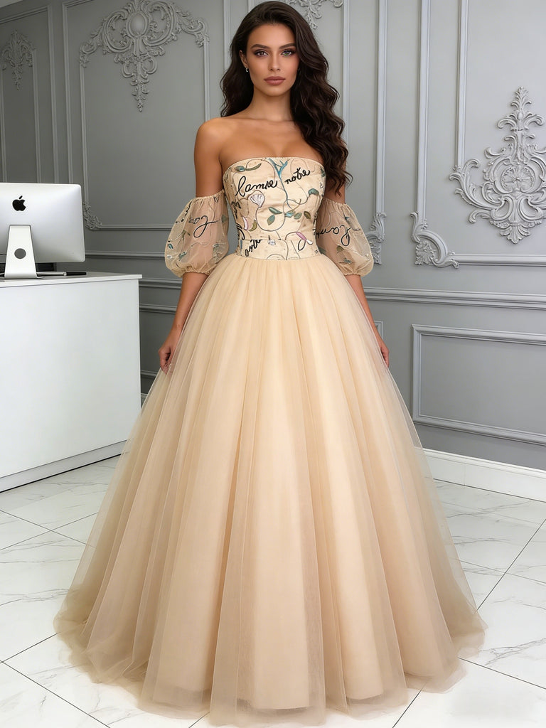 champagne prom dresses Tulle Ball Gown Puffy Sleeves Lace Floral Champagne Prom Dress – Sassymyprom