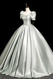 Satin A-Line Short Sleeve Gray Green Prom Dress