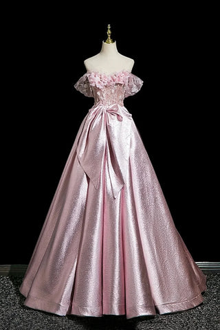 Satin A Line Flower Off The Shoulder Prom Dress