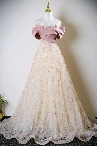 Pink Beading Appliques Off The Shoulder Blushing Prom Dress