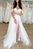 White Lace Off The Shoulder Wedding Dress With Slit