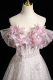 Floral Off The Shoulder Pink Tulle Sequins A Line Prom Dress