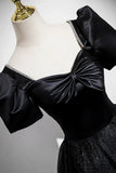 Tulle Long Puffy Sleeve Black Glitter Prom Dress