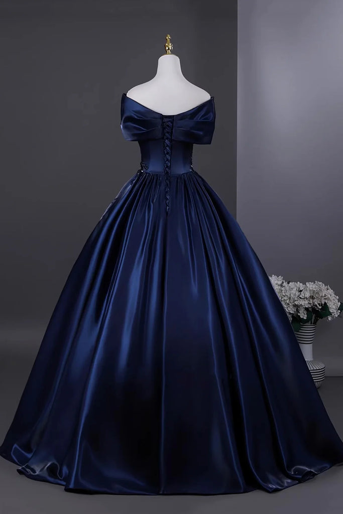 Beading A Line Off The Shoulder Navy Satin Prom Dress – Sassymyprom