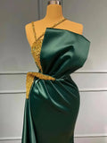 Strapless Dark Green Trumpet Mermaid Beading Satin Prom Dress