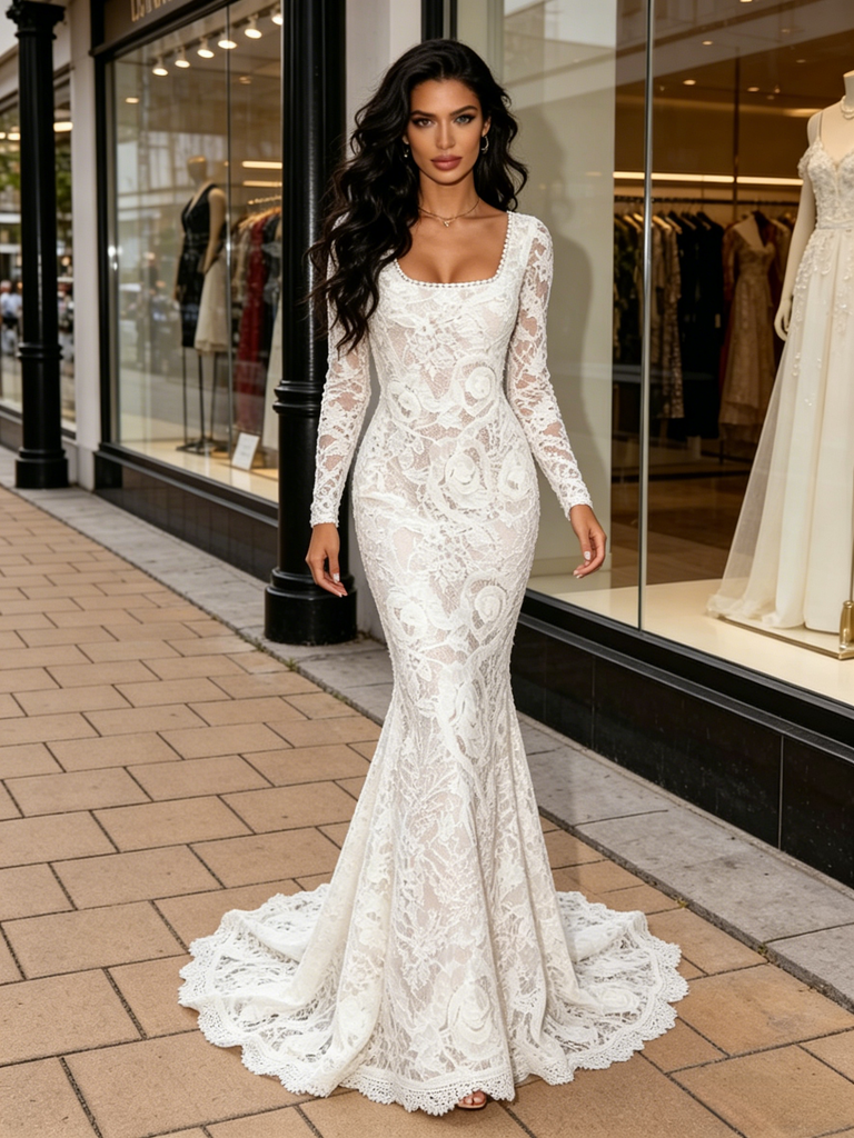 white lace trumpet dress Ivory Lace with Grey Lining Trumpet Wedding Dress