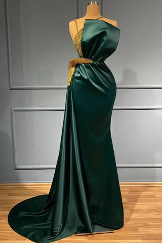 Strapless Dark Green Trumpet Mermaid Beading Satin Prom Dress