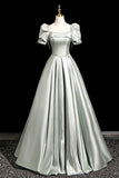 Satin A-Line Short Sleeve Gray Green Prom Dress