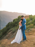 Chiffon Slit A Line Straps Backless Beach Wedding Dress