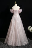 Floral Off The Shoulder Pink Tulle Sequins A Line Prom Dress