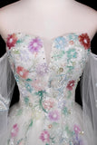 Tulle Sequins Long White Floral A Line Prom Dress