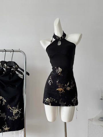 Black Hollow Print Short Mini Causal Dress