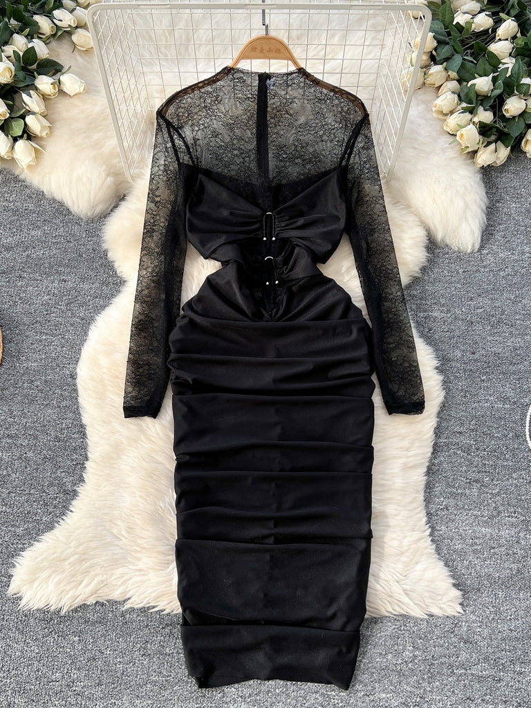 black ruched dress lace Mara Crystal-Strap Ruched Black Dress