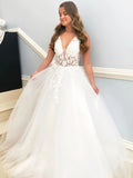 V Neck A Line Appliques Sheer Open Back Wedding Dress