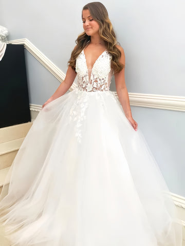 V Neck A Line Appliques Sheer Open Back Wedding Dress