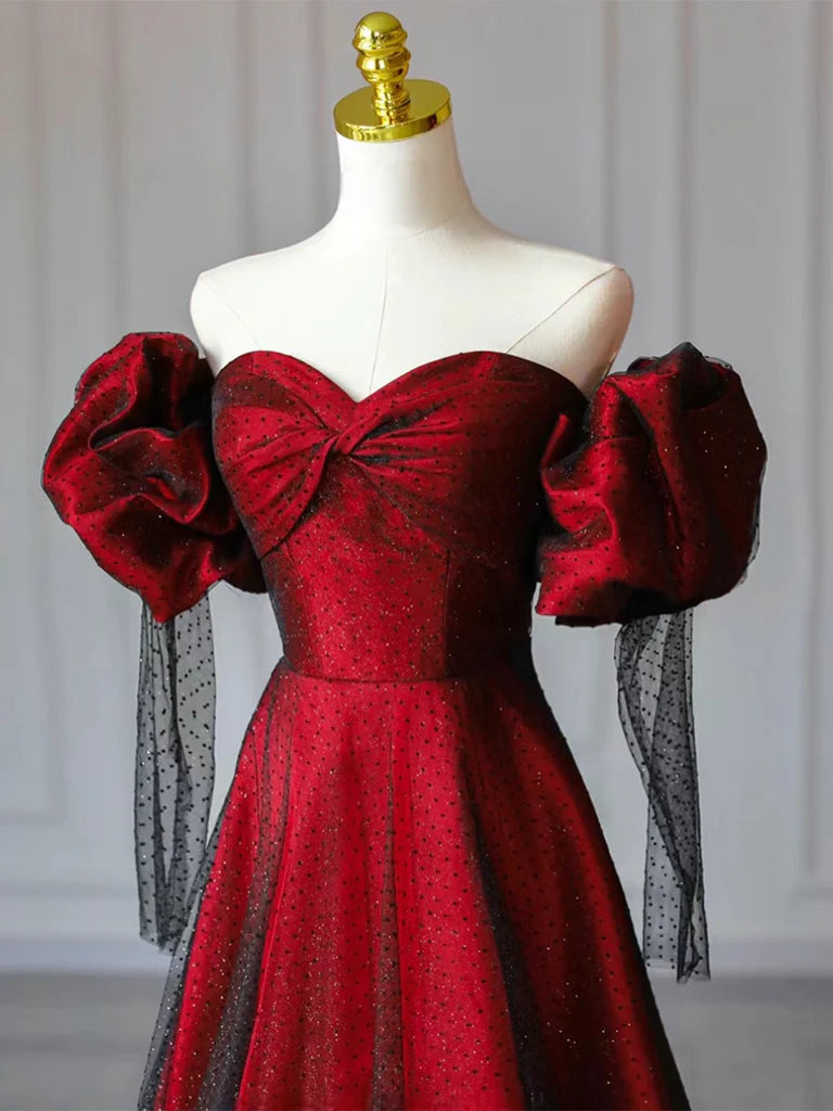 Puffy Sleeves Glittery Mesh Red Prom Dress US4 / Red